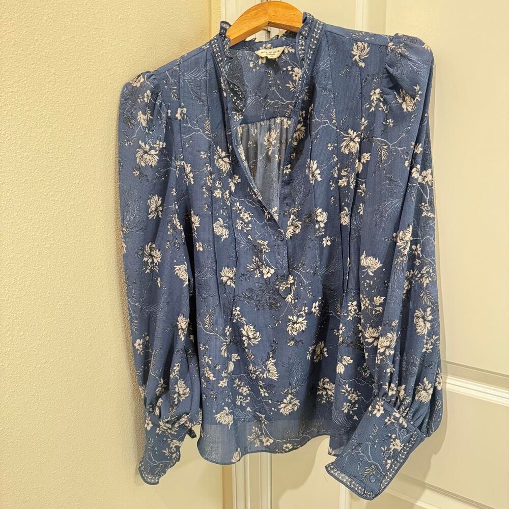 Max Studio London Blue Floral Blouse XL Ruffle Neck Long Sleeve Button Cuffs